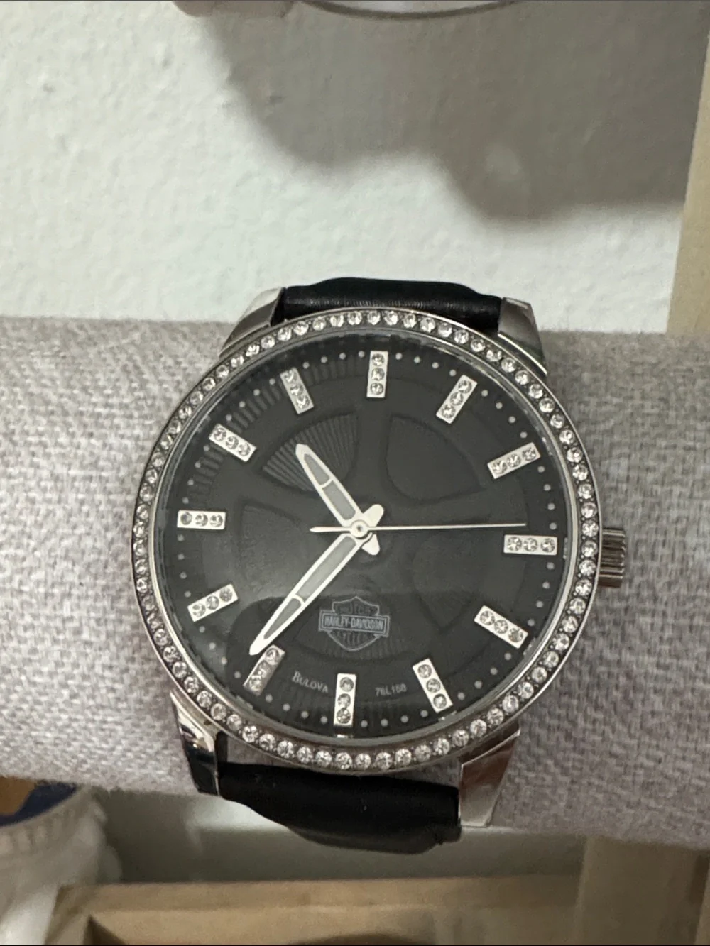 Harley-Davidson Silver-Tone Case Black Dial Watch with Crystal Accents